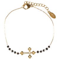 Bracelet composé d'une chaîne et d'une croix en acier doré et de perles de couleur noire. Fermoir mousqueton avec 2.5 cm de rallonge.