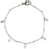Bracelet en acier 316L argenté avec 5 pampilles de perles de couleur turquoise. Fermoir mousqueton avec 3 cm de rallonge.