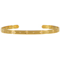 Bracelet jonc ouvert et rigide avec motifs d'étoiles en acier 316L doré et cristaux en verre.