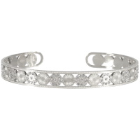 Bracelet jonc ouvert et rigide composé de pastilles rondes avec motifs de rayons de soleil en acier 316L argenté et certaines pavées de strass en verre.