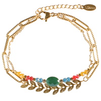 Bracelet double rangs composé d'une chaîne avec feuilles de laurier en acier doré et une chaîne en acier doré surmontée de perles en pierre de couleur. Fermoir mousqueton avec 3 cm de rallonge.