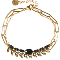 Bracelet double rangs composé d'une chaîne avec branche de laurier en acier doré et d'une chaîne en acier  doré avec perles de couleur noire. Fermoir mousqueton avec 3 cm de rallonge.