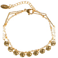Bracelet double rangs composé d'une chaîne et d'une chaîne avec de petites pastilles rondes avec motifs en relief en acier doré. Fermoir mousqueton avec 3 cm de rallonge.