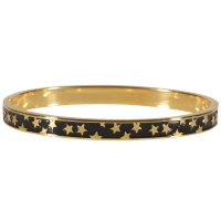 Bracelet jonc fermé avec dessins d'étoiles en acier doré pavé d'émail de couleur noire.