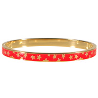 Bracelet jonc fermé avec dessins d'étoiles en acier doré pavé d'émail de couleur rouge.
