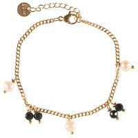 Bracelet composé d'une chaîne en acier doré et de pampilles de perles de couleur noire et perles de nacre. Fermoir mousqueton avec 3 cm de rallonge.