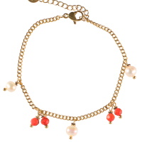 Bracelet composé d'une chaîne en acier doré et de pampilles de perles de couleur rouge et perles de nacre. Fermoir mousqueton avec 3 cm de rallonge.