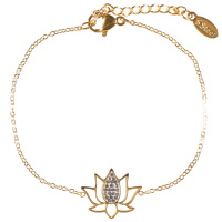 Bracelet composé d'une chaîne et d'une fleur de lotus en acier doré pavée de strass. Fermoir mousqueton avec 3 cm de rallonge.