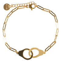 Bracelet composé d'une chaîne avec une paire de menottes en acier doré. Fermoir mousqueton avec 3 cm de rallonge.