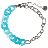 Bracelet composé d'une chaîne en acier argenté et d'une chaîne en matière synthétique de couleur turquoise. Fermoir mousqueton avec 3 cm de rallonge.