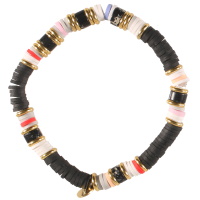 Bracelet élastique composé de perles cylindriques heishi en acier doré, résine synthétique et caoutchouc de couleur acidulée.
