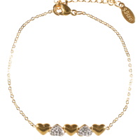Bracelet composé d'une chaîne et de 3 petits cœurs en acier doré et de 2 petits cœurs pavées de strass. Fermoir mousqueton avec 3 cm de rallonge.