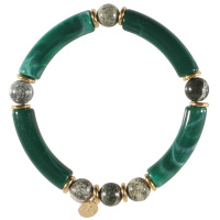 Bracelet élastique composé de perles cylindriques en acier doré, tubes en matière synthétique de couleur verte et des perles de couleur grise.