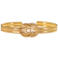 Bracelet jonc ouvert avec anneaux entrelacés en acier doré surmontée d'un cabochon de couleur blanc.