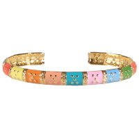 Bracelet jonc ouvert en acier doré pavé d'émail multicolore.