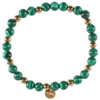 Bracelet élastique composé de perles en acier doré et de perles en pierre d'imitation malachite.