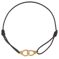 Bracelet composé d'un cordon élastique en coton de couleur noir et d'une paire de menottes en acier doré.