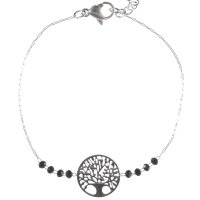 Bracelet composé d'une chaîne avec une pastille ronde arbre de vie en acier argenté et de perles de couleur noire. Fermoir mousqueton avec 3 cm de rallonge.