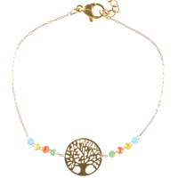 Bracelet composé d'une chaîne avec une pastille ronde arbre de vie en acier doré et de perles multicolores. Fermoir mousqueton avec 3 cm de rallonge.