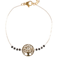 Bracelet composé d'une chaîne avec une pastille ronde arbre de vie en acier doré et de perles de couleur noire. Fermoir mousqueton avec 3 cm de rallonge.