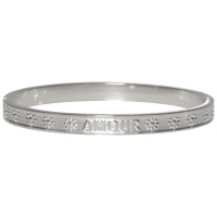 Bracelet jonc fermé rigide en acier argenté avec motifs de soleil et l'inscription AMOUR.