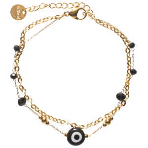 Bracelet double rangs composé d'une chaîne en acier doré et d'une chaîne avec perles en acier doré, de perles de couleur noire et d'une pierre avec le dessin d'un œil de Turquie. Fermoir mousqueton avec 3 cm de rallonge.