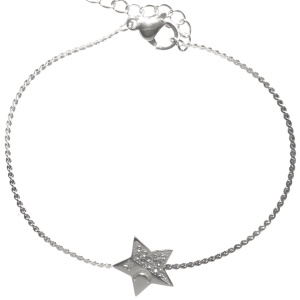 Bracelet composé d'une chaîne en acier argenté et d'une étoile pavée de strass et gravée d'une étoile et d'un croissant de lune. Fermoir mousqueton avec 3 cm de rallonge.