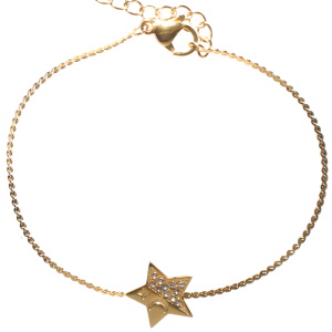 Bracelet composé d'une chaîne en acier doré et d'une étoile pavée de strass et gravée d'une étoile et d'un croissant de lune. Fermoir mousqueton avec 3 cm de rallonge.