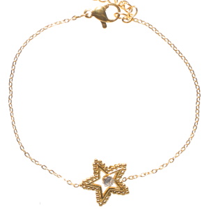 Bracelet composé d'une chaîne en acier doré et d'une étoile surmontée d'un cristal serti griffes. Fermoir mousqueton avec 3 cm de rallonge.