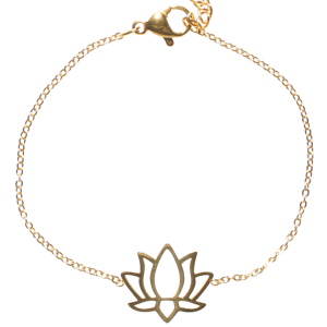Bracelet composé d'une chaîne et d'une fleur de lotus en acier doré. Fermoir mousqueton avec 3 cm de rallonge.