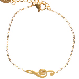 Bracelet composé d'une chaîne et d'une clé de sol en acier doré. Fermoir mousqueton avec 3 cm de rallonge.
