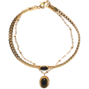Bracelet double rangs composé d'une chaîne maille serpent en acier doré sertie d'un cabochon noir, ainsi qu'une chaîne en acier doré avec un pendentif ovale surmonté d'un cabochon noir. Fermoir mousqueton avec 3 cm de rallonge.