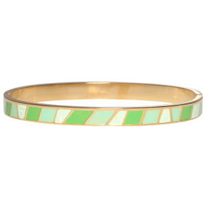 Bracelet jonc rigide fermé en acier doré et motifs en émail de couleur vert.