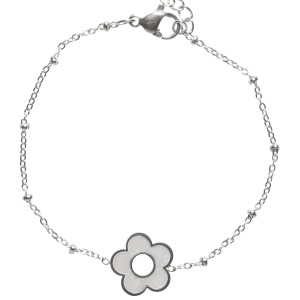 Bracelet composé d'une chaîne en acier argenté et d'une fleur sertie de nacre. Fermoir mousqueton avec 3 cm de rallonge.