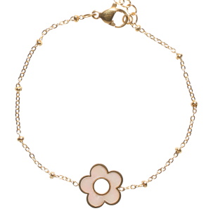 Bracelet composé d'une chaîne en acier doré et d'une fleur sertie de nacre. Fermoir mousqueton avec 3 cm de rallonge.