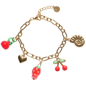Bracelet composé d'une chaîne avec breloques en forme de cœur et d'escargot en acier doré, de cerise en acier doré pavé d'émail de couleur, d'une fraise et d'une cerise. Fermoir mousqueton en acier doré avec 3 cm de rallonge.