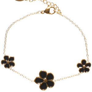 Bracelet composé d'une chaîne en acier doré et de fleurs pavées d'émail de couleur noire. Fermoir mousqueton avec 3 cm de rallonge.