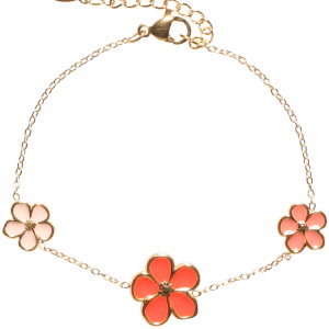 Bracelet composé d'une chaîne en acier doré et de fleurs pavées d'émail de couleur rouge. Fermoir mousqueton avec 3 cm de rallonge.