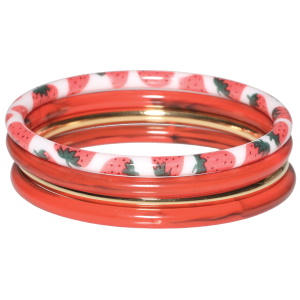 Lot de 4 bracelets jonc fermés rigides en acier doré et plastique de couleur rouge et avec motifs.