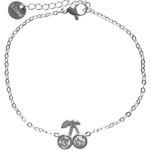 Bracelet composé d'une chaîne en acier argenté avec des cerises serties clos de strass. Fermoir mousqueton avec 3 cm de rallonge.