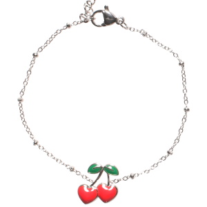 Bracelet composé d'une chaîne en acier argenté avec des cerises pavées d'émail de couleur. Fermoir mousqueton avec 3 cm de rallonge.