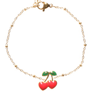 Bracelet composé d'une chaîne en acier doré avec des cerises pavées d'émail de couleur. Fermoir mousqueton avec 3 cm de rallonge.