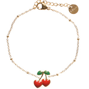 Bracelet composé d'une chaîne en acier doré avec des cerises pavées d'émail de couleur. Fermoir mousqueton avec 3 cm de rallonge.