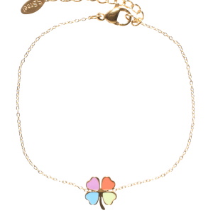 Bracelet composé d'une chaîne en acier doré avec un trèfle à quatre feuilles pavé d'émail multicolore. Fermoir mousqueton avec 3 cm de rallonge.