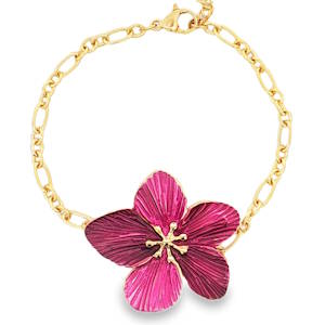 Sublime bracelet chaîne en acier doré, rehaussé d'une délicate fleur bicolore. Ce bijou raffiné combine l'éclat chaleureux du doré avec une esthétique florale moderne, idéale pour ajouter une touche d'élégance discrète à toute tenue. Un accessoire charmant qui capture la lumière et attire les regards. Fermoir mousqueton avec 3 cm de rallonge.