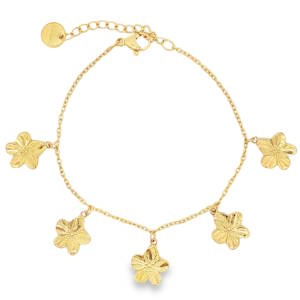 Ce ravissant bracelet à breloques, délicatement façonné en acier doré, capture l'éclat du soleil. Les fleurs suspendues, symboles de renouveau et de beauté, ajoutent une touche de féminité et d'élégance. Idéal pour rehausser votre style quotidien ou comme cadeau précieux. Fermoir mousqueton avec 3 cm de rallonge.