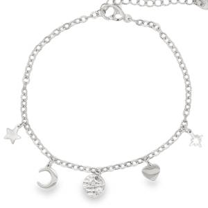 Ce charmant bracelet en acier argenté apporte une touche d'éclat à votre collection de bijoux. Sa délicate chaîne dorée est agrémentée de breloques fantaisistes, créant un look à la fois tendance et raffiné. Parfait pour ajouter une note ludique à votre style quotidien. Fermoir mousqueton avec 3 cm de rallonge.