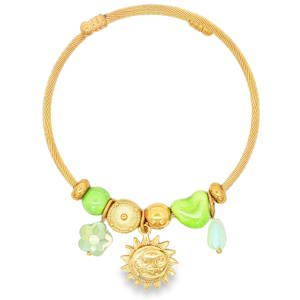 Ce magnifique bracelet jonc pour femme allie élégance moderne et inspirations bohèmes. Conçu en acier inoxydable doré, il se distingue par sa structure en câble torsadé rigide mais flexible, offrant à la fois robustesse et éclat durable. Un jonc en maille câble torsadée dorée, doté d'un système de fermeture discret et sécurisé par des embouts travaillés. Une superbe médaille représentant un soleil souriant finement gravé, symbole de positivité et de lumière. Un assortiment asymétrique comprenant des perles dorées lisses et texturées (motif soleil/roue), associées à des perles en résine ou céramique d'un vert lime éclatant. Une perle en cristal facetté en forme de fleur vert menthe d'un côté, et une délicate perle en goutte d'eau translucide aux reflets opalescents de l'autre.