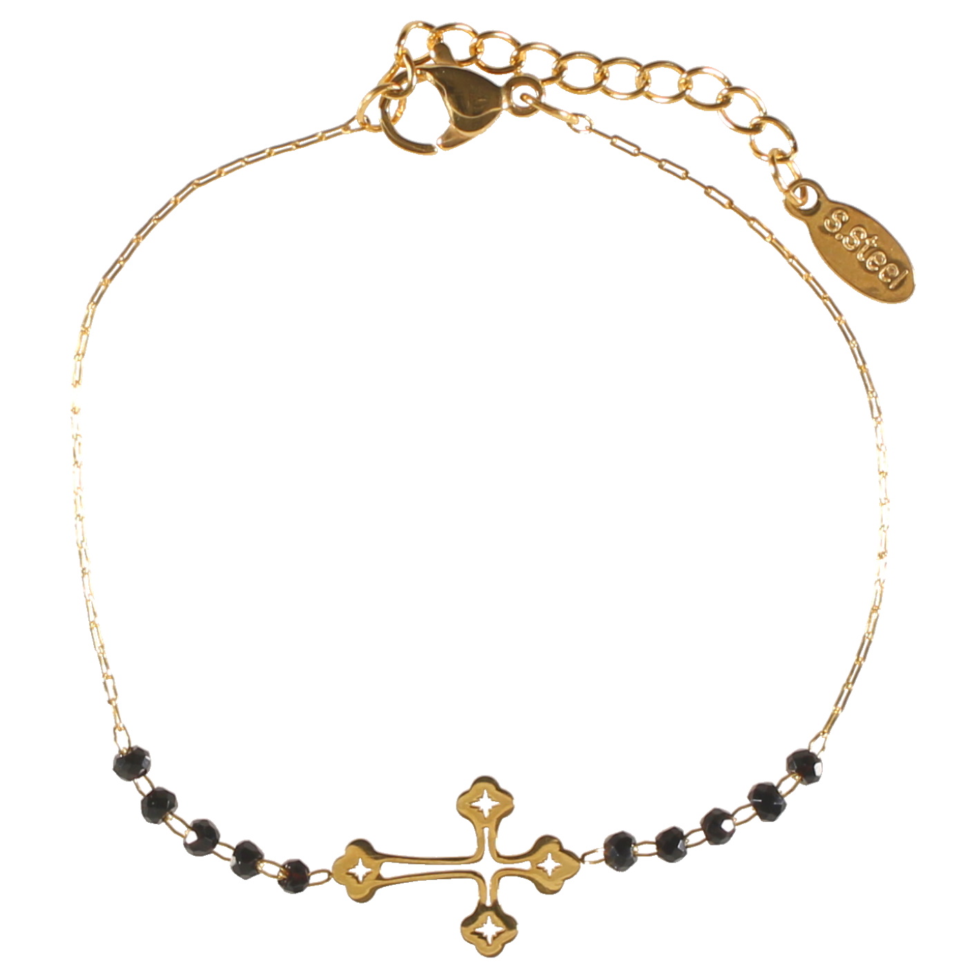 Bracelet composé d'une chaîne et d'une croix en acier doré et de perles de couleur noire.<br/>Fermoir mousqueton avec 2.5 cm de rallonge. Croix Perle  Adolescent Adulte Femme Fille Indémodable Religion Symboles 