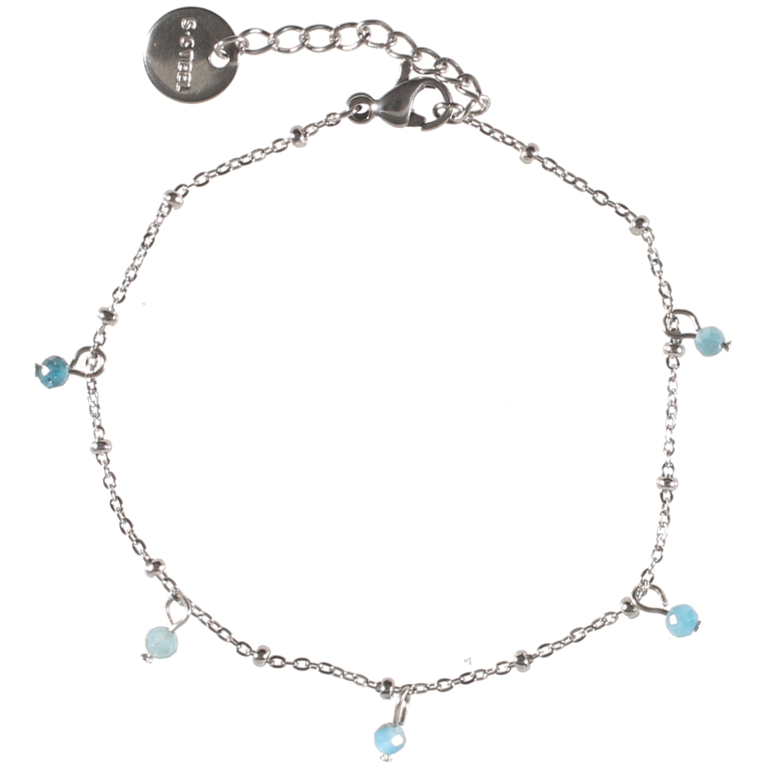 Bracelet en acier 316L argenté avec 5 pampilles de perles de couleur turquoise.<br/>Fermoir mousqueton avec 3 cm de rallonge. Boule Rond Turquoise  Adolescent Adulte Femme Fille Indémodable 